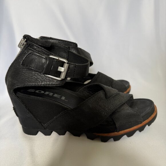 Sorel Joanie II Ankle Strap Wedge Sandals Black Leather Size 6.5 - Picture 4 of 7